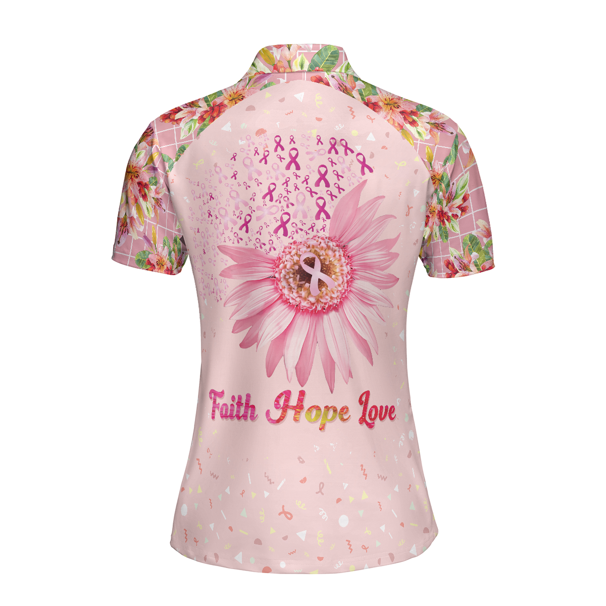 Colorful Flower Breast Cancer Awareness Women Polo Shirt, Fight Hope Love Breast Cancer Awareness Month Short Sleeve Shirt