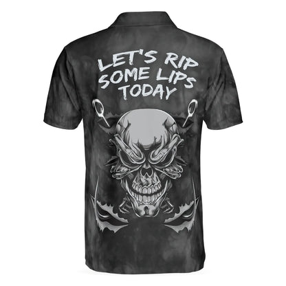 Black Fish Hook Men Polo Shirt, Rippin' Lips Skull Fish Skeleton Fishing Polo Shirt, Best Fishing Shirt For Male