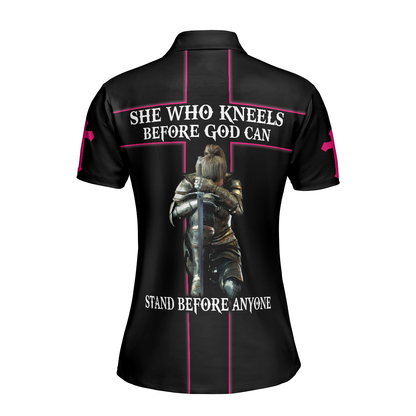 Women Warrior Polo Shirt, She Who Kneels Before God Can Stand Before Anyone Short Sleeve Women Polo Shirt - Best Gift Idea For Ladies, Women
