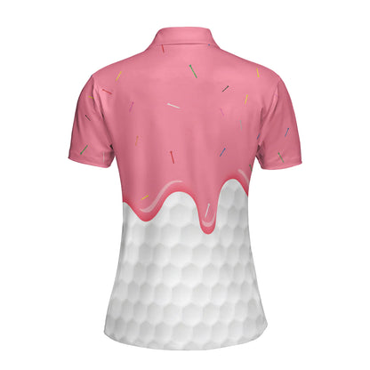 White And Pink Golf Women Polo Shirt, Ice Cream Melting On Golf Ball Cone Golf Short Sleeve Shirt For Ladies, Cool Gift For Female Golfers