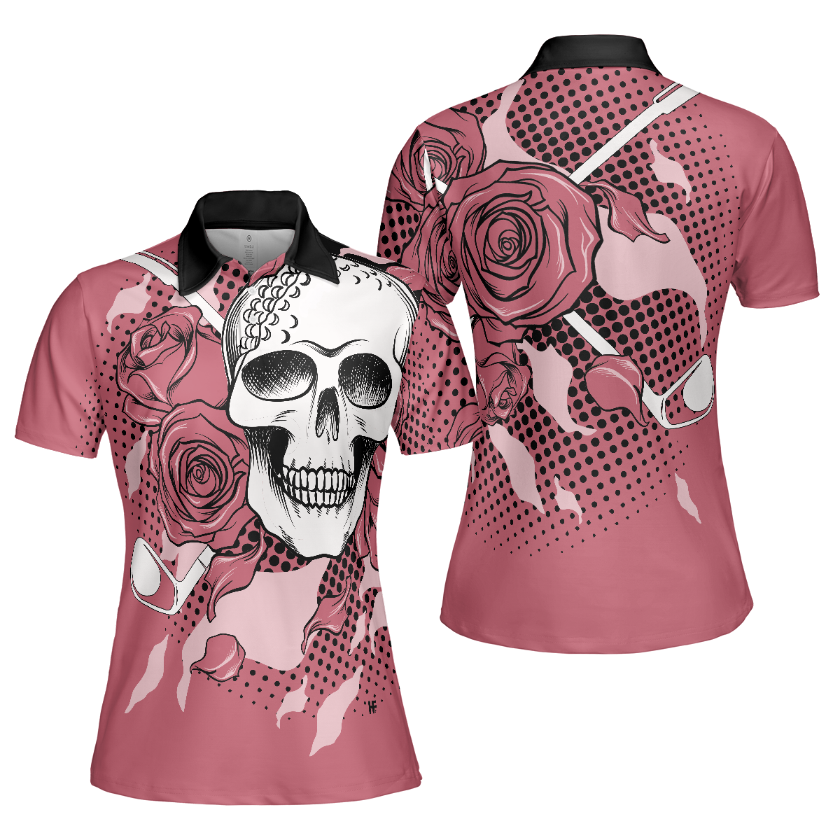 Golf Pink Skull Ladies Short Sleeve Women Polo Shirt, Rose Golf Shirt For Ladies, Cool Female Golf Gift