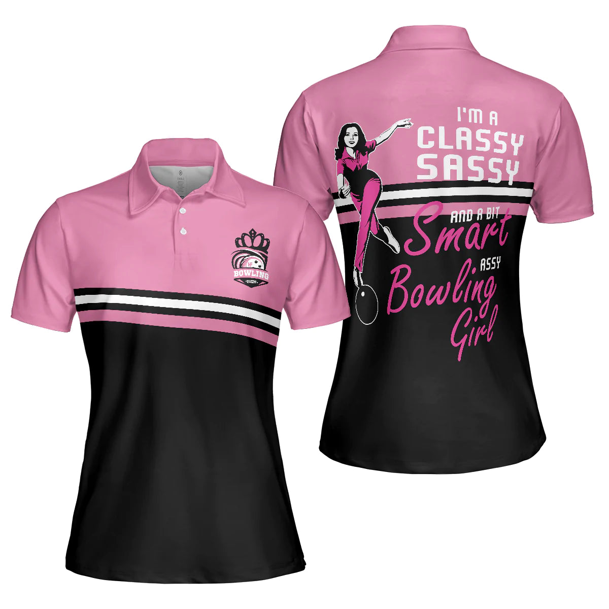 Black And Pink Bowling Women Polo Shirt, I'm A Classy Sassy Bowling Girl Bowling Short Sleeve Shirt, Bowling Gift For Ladies, Gift For Bowling Lovers