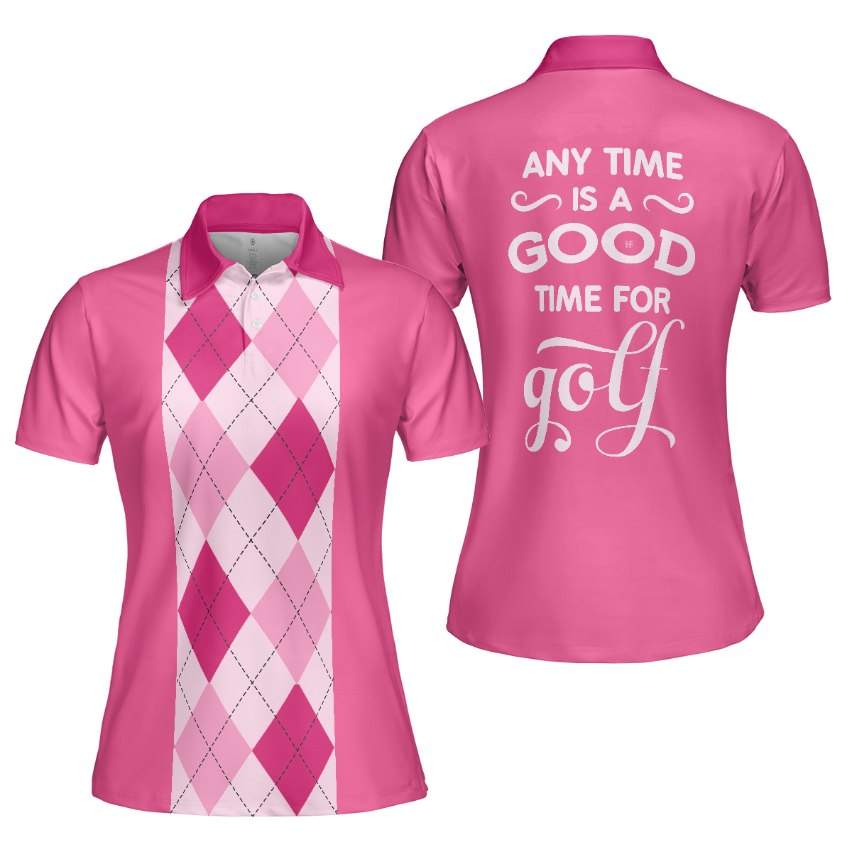 Pink Argyle Pattern Golf Women Polo Shirt, Anytime Is A Good Time For Golf Short Sleeve Shirt For Female Golfers, Gift For Golfers