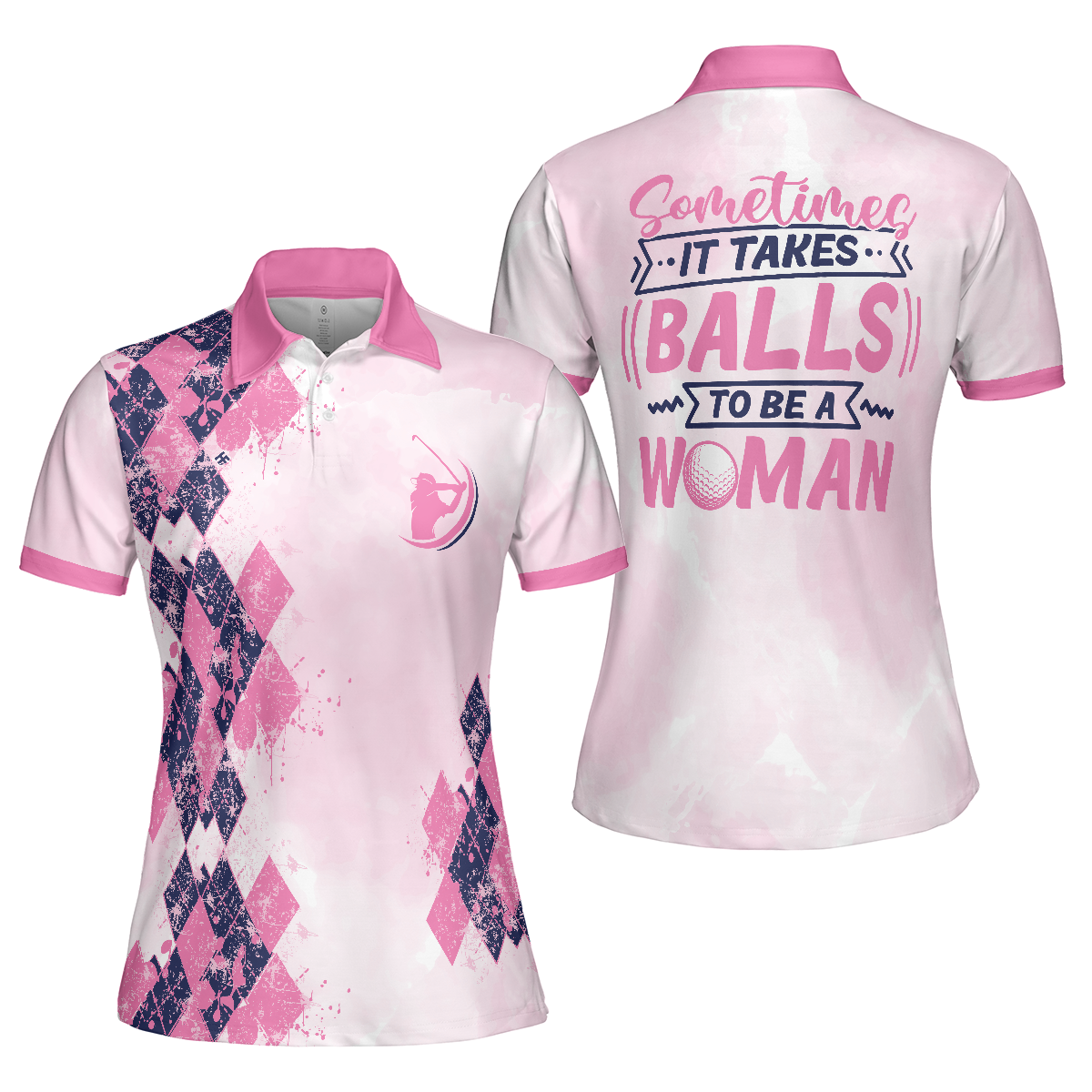 Golf Women Polo Shirt, Sometimes It Takes Balls Women Polo Shirt, Pink Argyle Pattern Golf Shirt For Women - Perfect Gift For Women, Ladies, Golfers