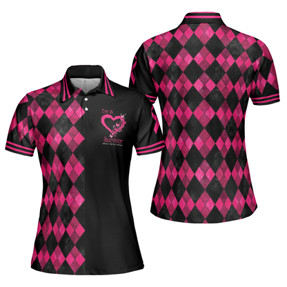 Breast Cancer Women Polo Shirt, I'm A Survivor Breast Cancer Awareness Short Sleeve Women Polo Shirt, Black And Pink Argyle Pattern Shirt