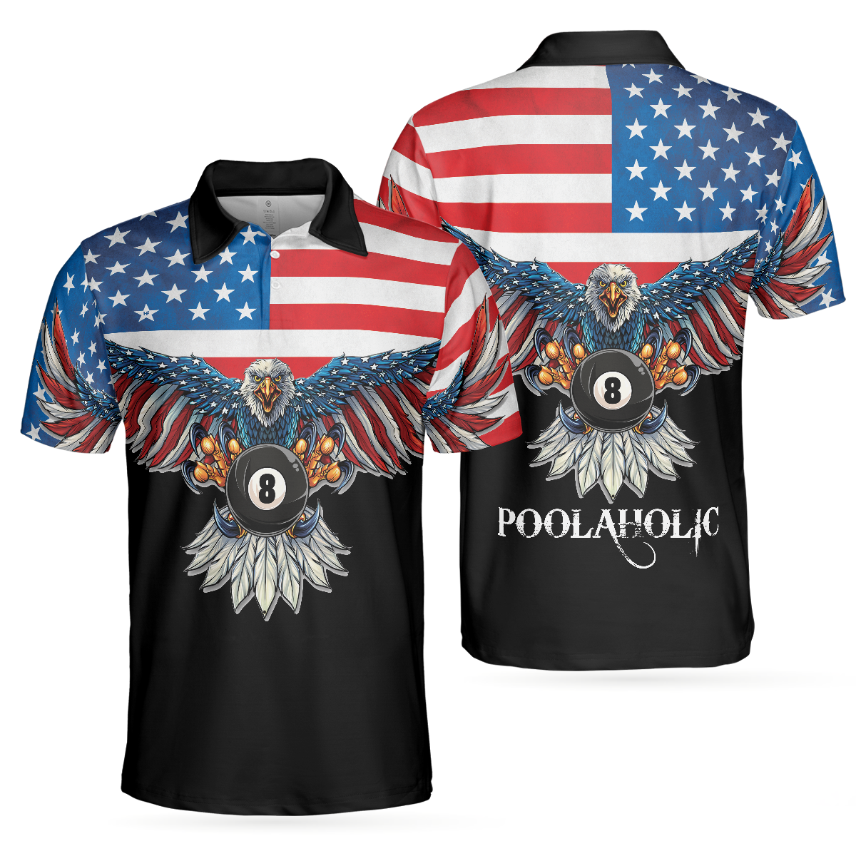 Billiards American Eagle Poolaholic Men Polo Shirt, Cool American Flag Billiards Shirt For Men, Best Billiards Gift Idea, Gift For Billiards Lovers