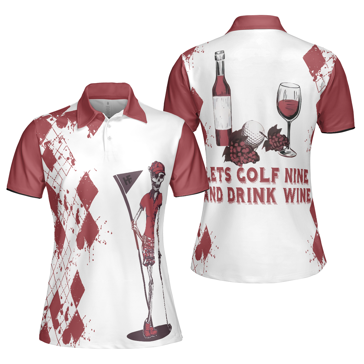 Golf And Wine Skeleton Argyle Pattern Short Sleeve Women Polo Shirt, Let's Golf Nine And Drink Wine Polo Shirt For Ladies