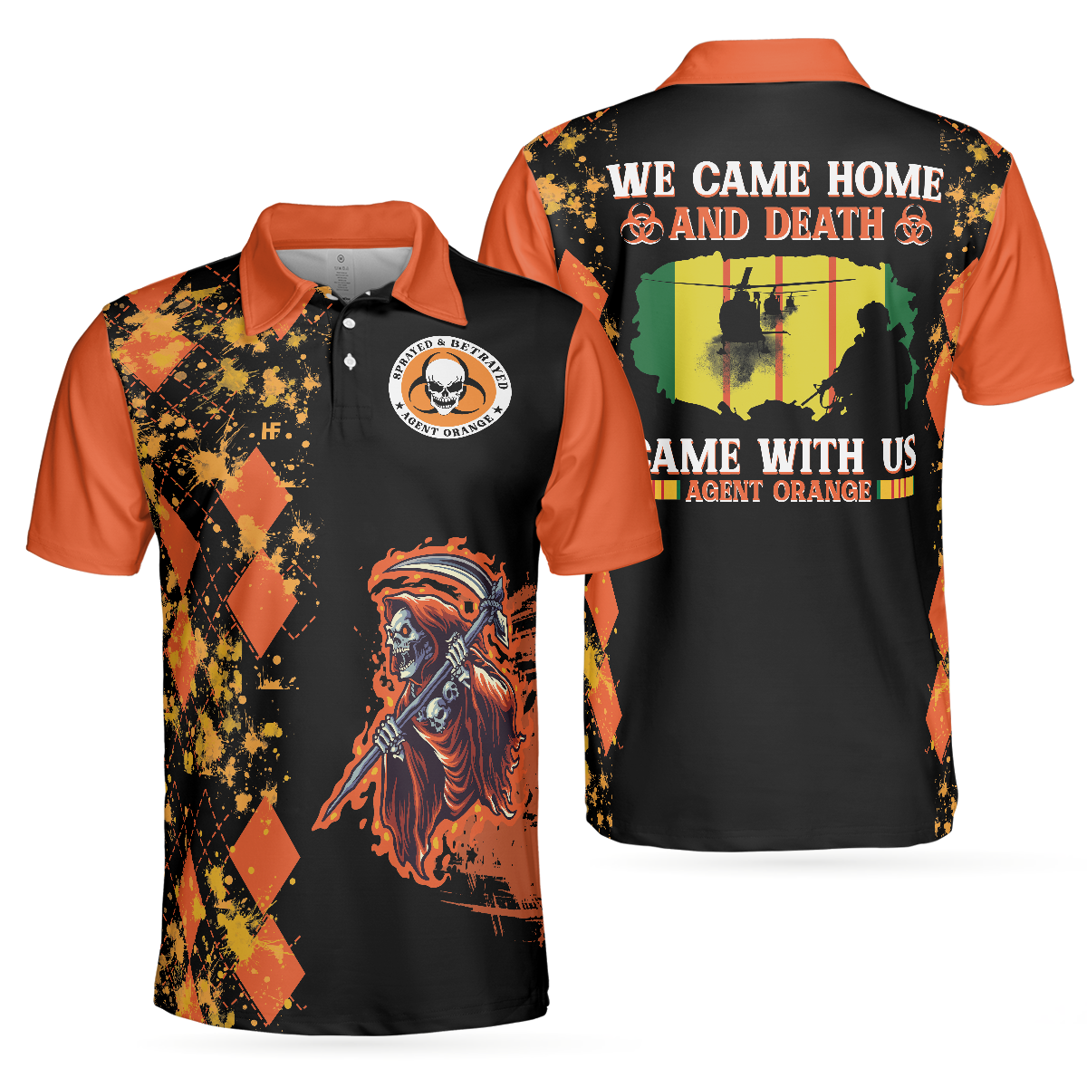 We Came Home And Death Came With Us Agent Orange Polo Shirt, Orange Argyle Pattern Shirt For Veterans - Perfect Gift For Men, Veterans