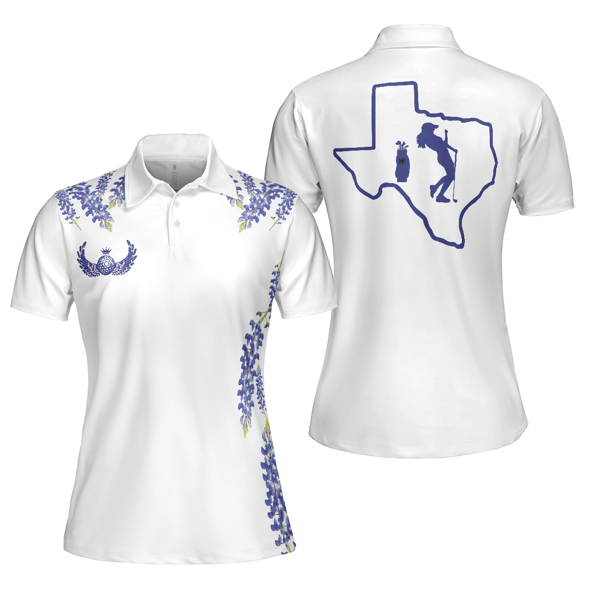 Elegant Bluebonnet Flower For Texas Golfer Short Sleeve Women Polo Shirt, White Texas Golf Shirt For Ladies