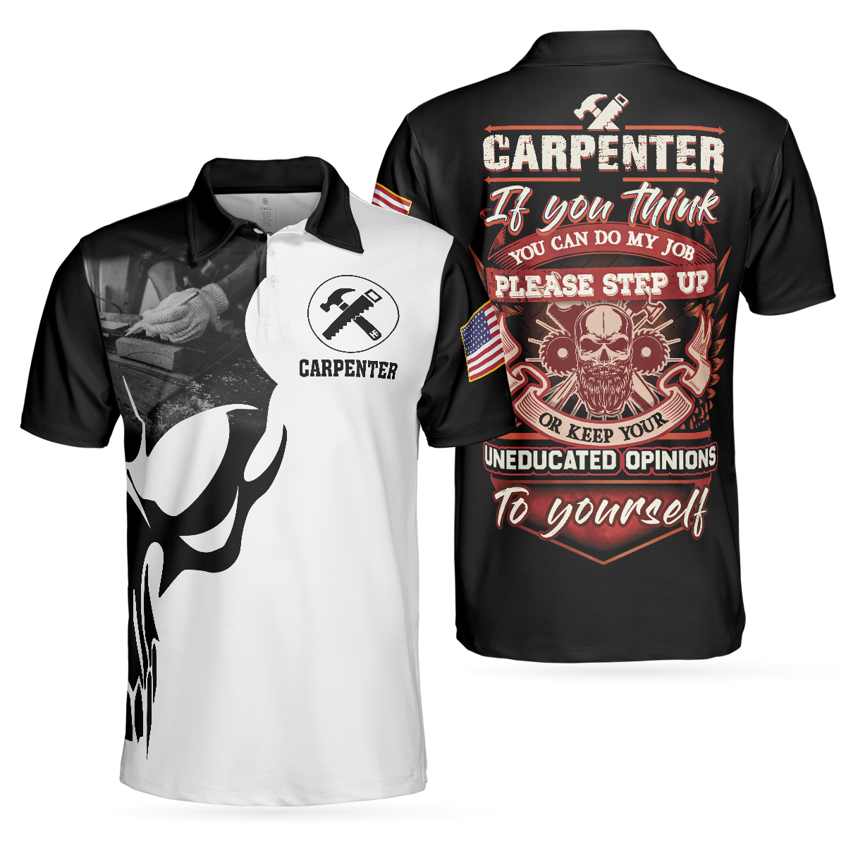 Carpenter Proud Skull Short Sleeve Black And White Polo Shirt, American Flag Polo Shirt, Best Carpenter Shirt For Men