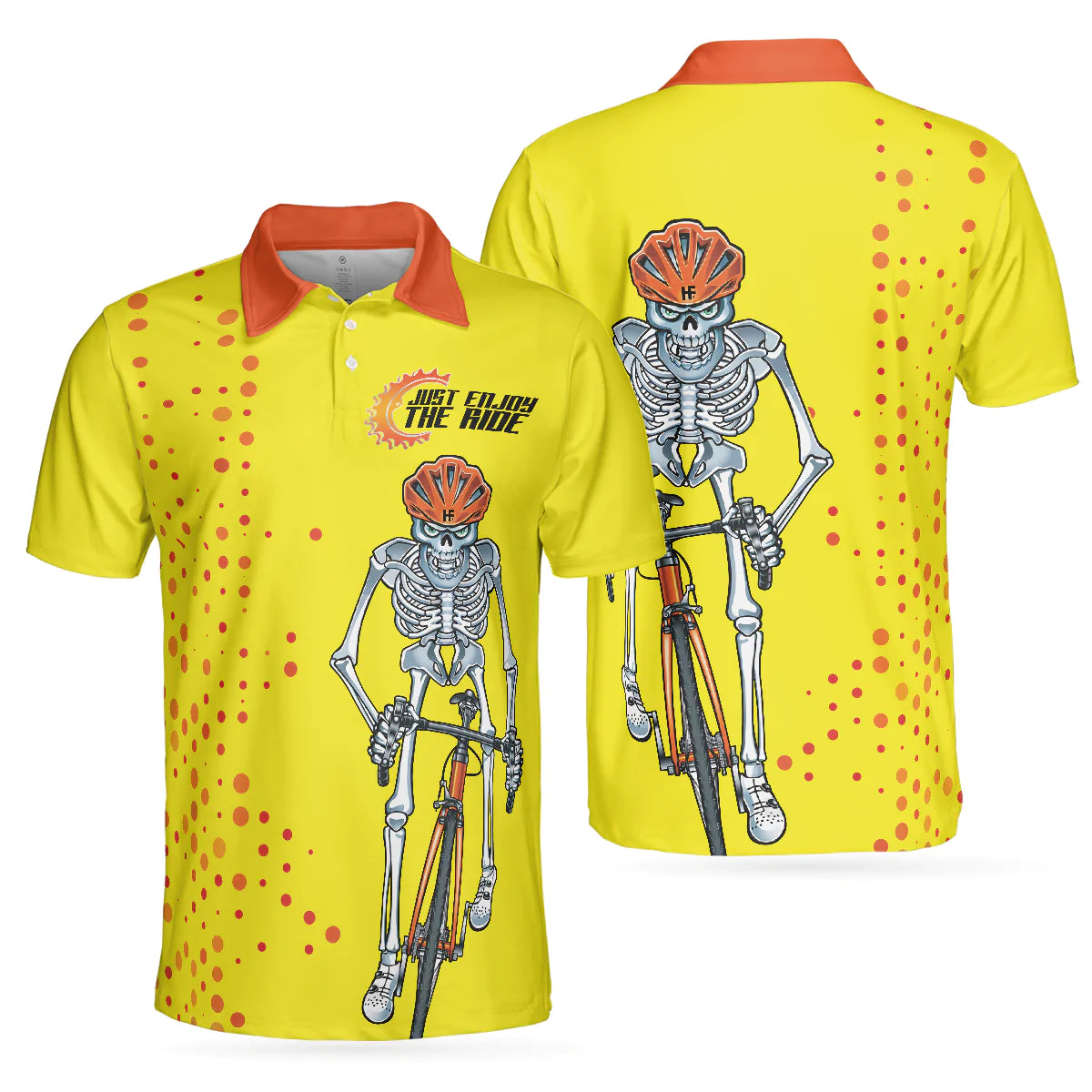 Just Enjoy The Ride Short Sleeve Men Polo Shirt, Yellow Skeleton Cyclist Polo Shirt, Best Cycling Shirt For Men