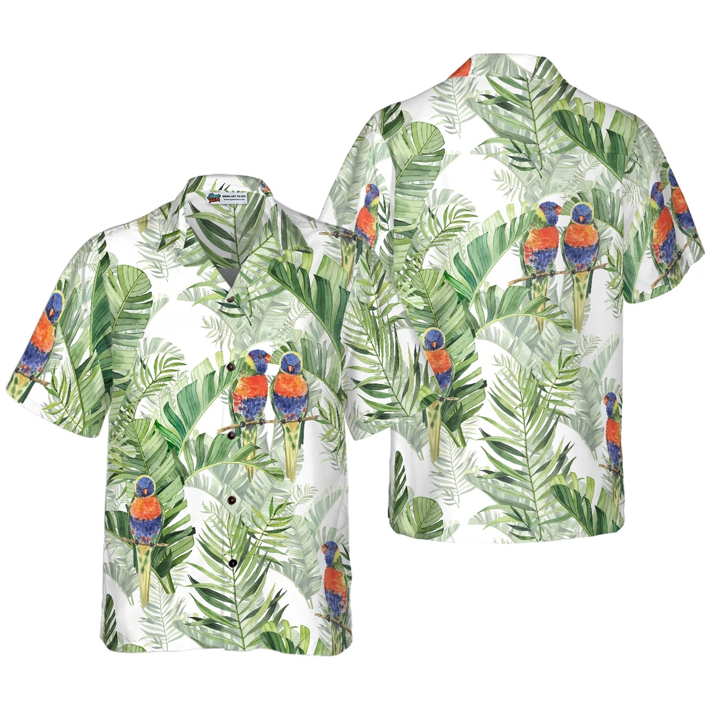 Beautiful Watercolor Parrots In Green Hawaiian Shirt, Tropical Forest Aloha Shirt For Men, Perfect Gift For Parrot Lovers, Friends, Husband, Boyfriend, Family