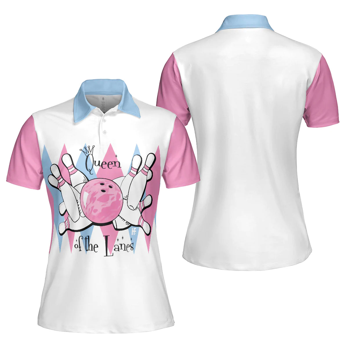 Queen Of The Lanes Pink And Blue Bowling Short Sleeve Women Polo Shirt, Bowling Shirt For Ladies - Best Bowling Gift For Women
