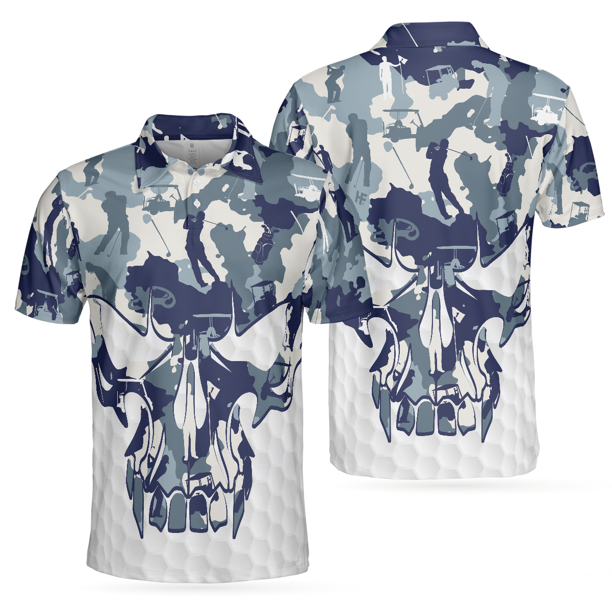 Men Polo Shirt - Blue And White Camouflage Golf Set Short Sleeve Skull Golf Polo Shirt, Best Camo Golf Shirt For Men