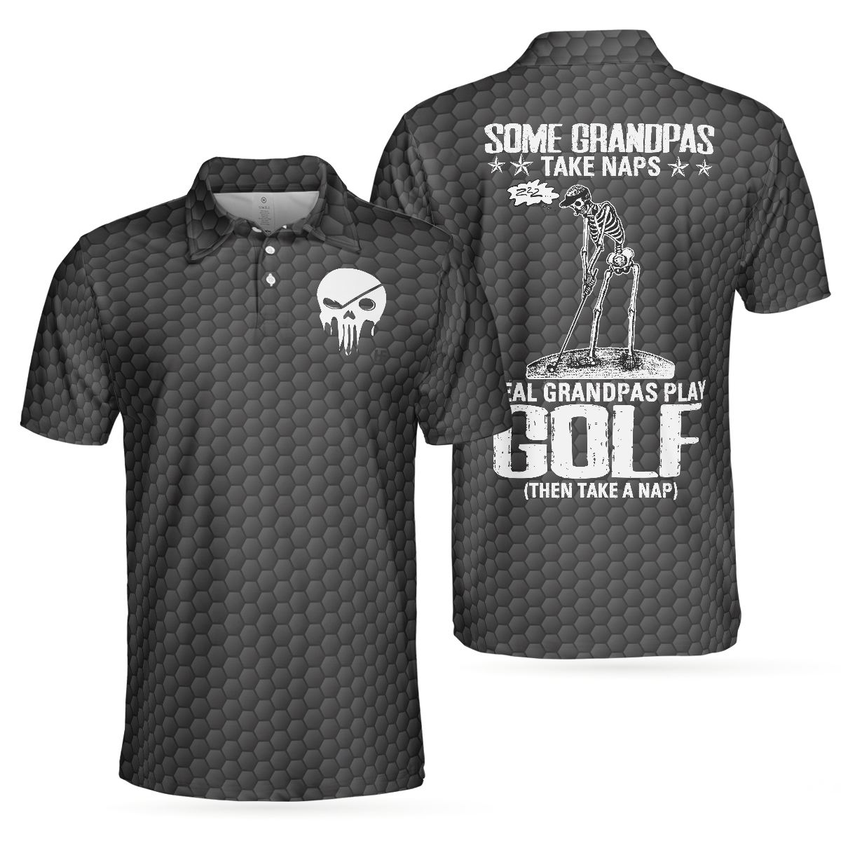 Golf Some Grandpas Polo Shirt, Black Golf Seamless Pattern Skeleton Golfer Skull Golf Shirt For Men