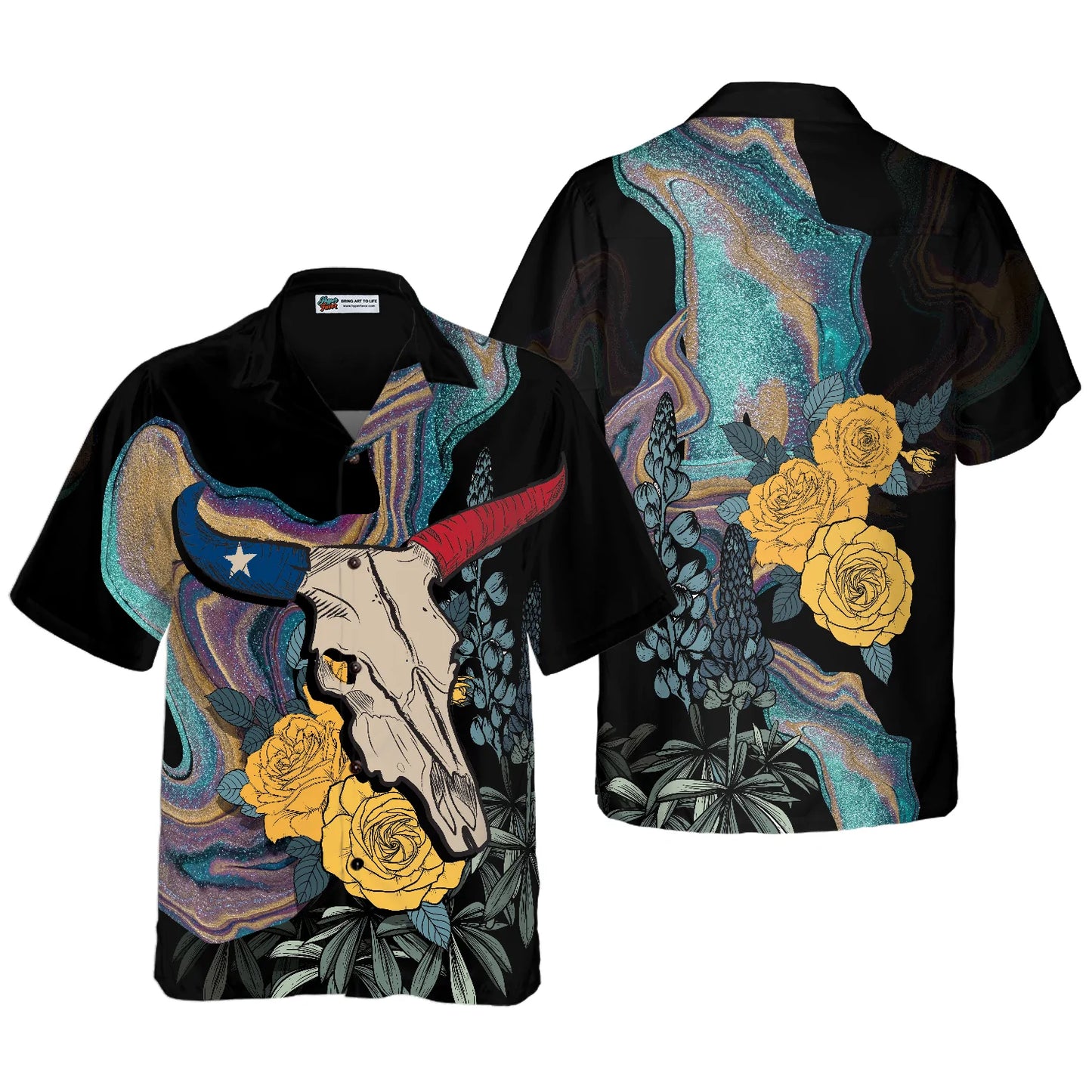 Artistic Longhorn Skull Texas Hawaiian Shirt, Black Royal Gold Rose Aloha Shirt For Men, Bluebonnet Proud Texas Shirt For Texans, Best Gift For Summer, Husband, Boyfriend