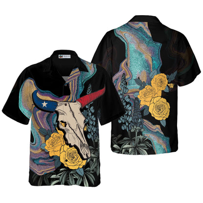 Artistic Longhorn Skull Texas Hawaiian Shirt, Black Royal Gold Rose Aloha Shirt For Men, Bluebonnet Proud Texas Shirt For Texans, Best Gift For Summer, Husband, Boyfriend