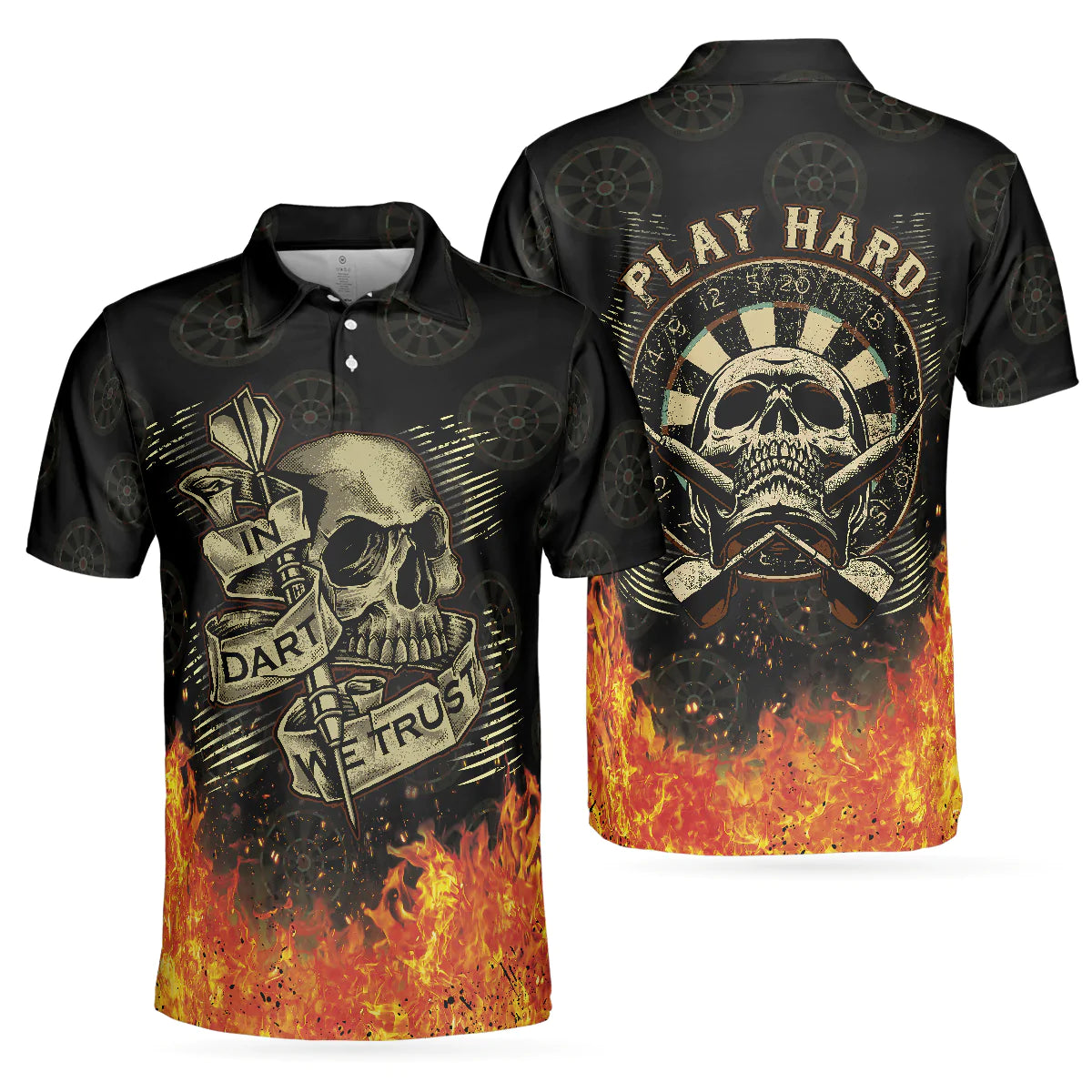 Fire Play Hard Skull Men Polo Shirt, In Dart We Trust Short Sleeve Polo Shirt, Cool Dart Shirt For Men