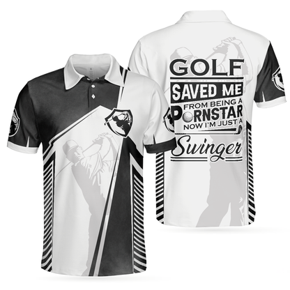 Black And White Golfer Men Polo Shirt, Golf Saved Me From Being A Pornstar Polo Shirt, Funny Golf Shirt For Men