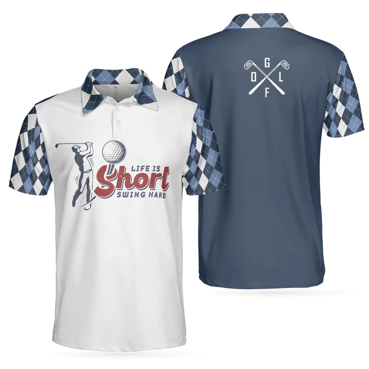 Life Is Short Swing Hard Short Sleeve Polo Shirt, Argyle Pattern Polo Shirt, Best Golf Shirt For Men