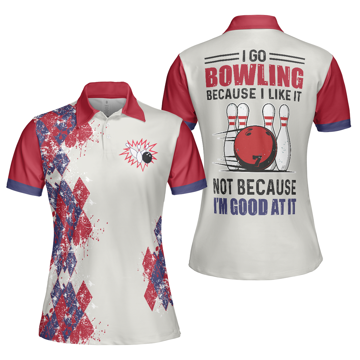 I Go Bowling Because I Like It Short Sleeve Women Polo Shirt, Argyle Pattern Polo Style Bowling Shirt For Ladies