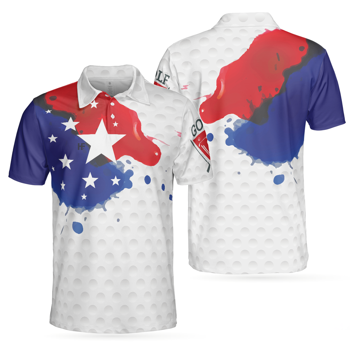 Grunge Style American Flag Men Polo Shirt, Golf Pattern Wet Paint Polo Shirt, Patriotic Golf Shirt For Men