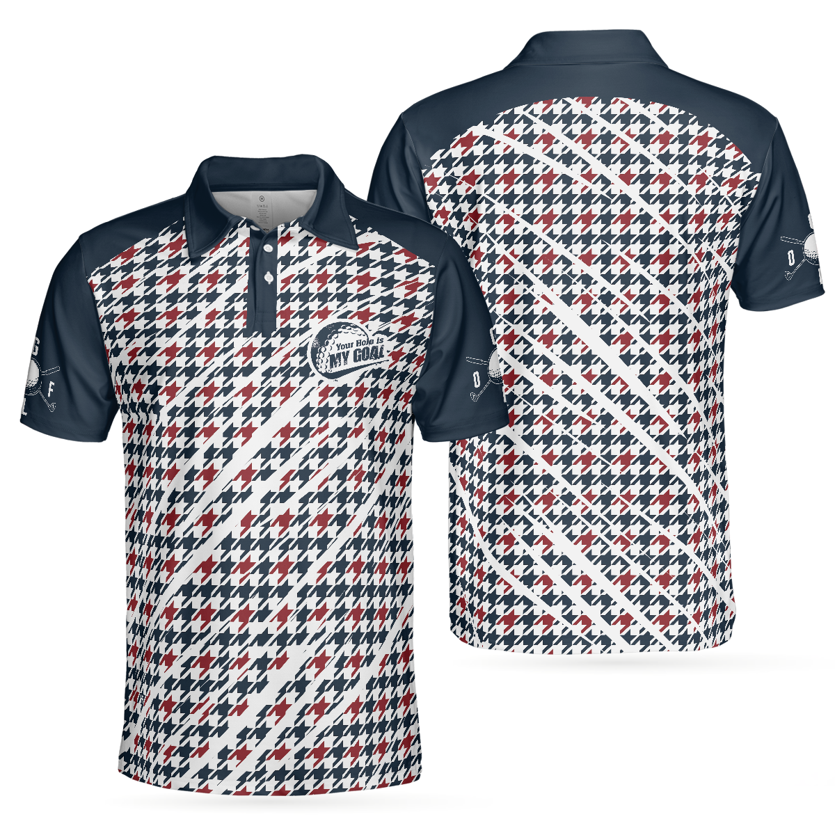 Trendy Red & Blue Houndstooth Pattern Golf Shirt, Your Hole Is My Goal Polo Shirt, Best Golf Shirt For Men - Perfect Gift For Men