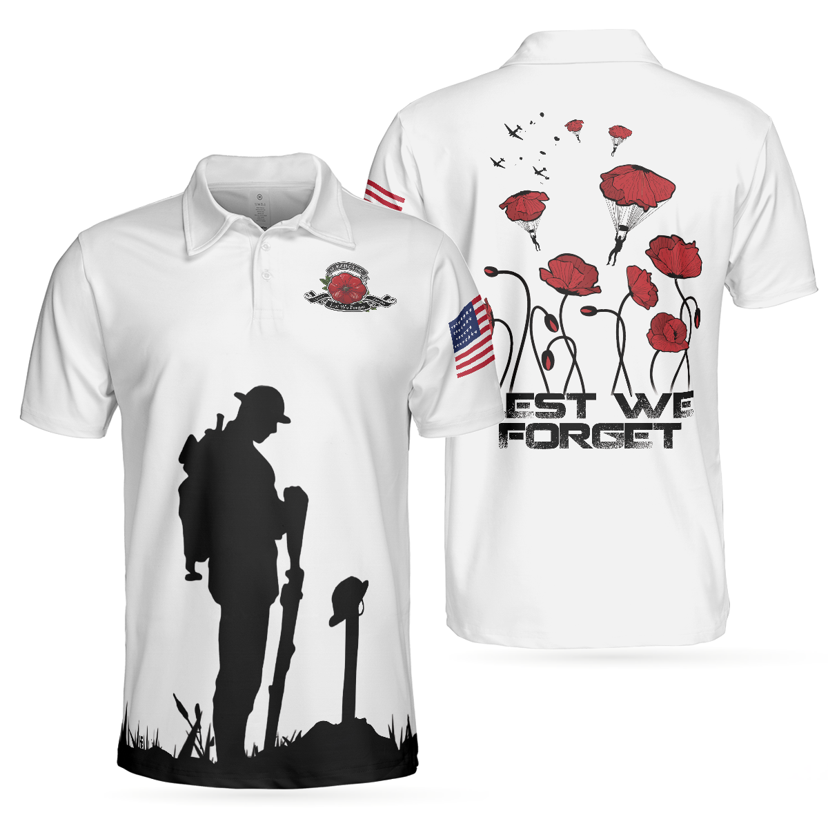 US Veteran Lest We Forget Polo Shirt, Military American Flag Golf Shirt - Perfect Gift For Men