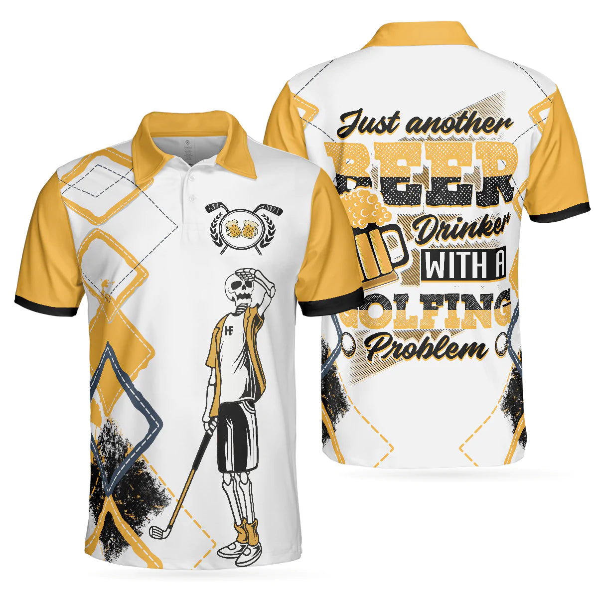 White And Yellow Argyle Pattern Golf Men Polo Shirt, Just Another Beer Drinker With A Golfing Problem Shirt, Gift For Male Golfers