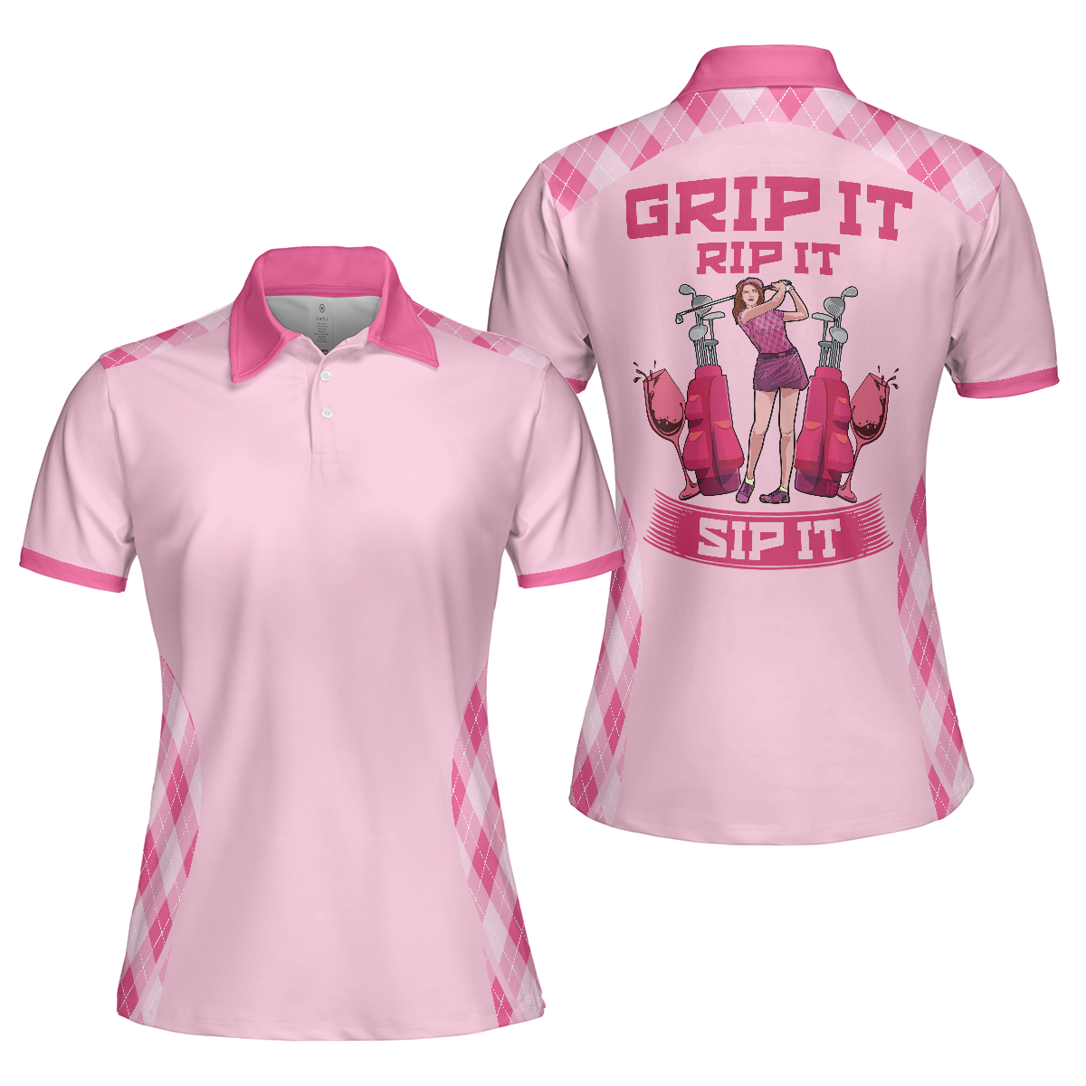 Pink Argyle Pattern Women Polo Shirt, Grip It Rip It Sip It Golf Short Sleeve Polo Shirt, Best Pink Golf Polo Shirt For Women