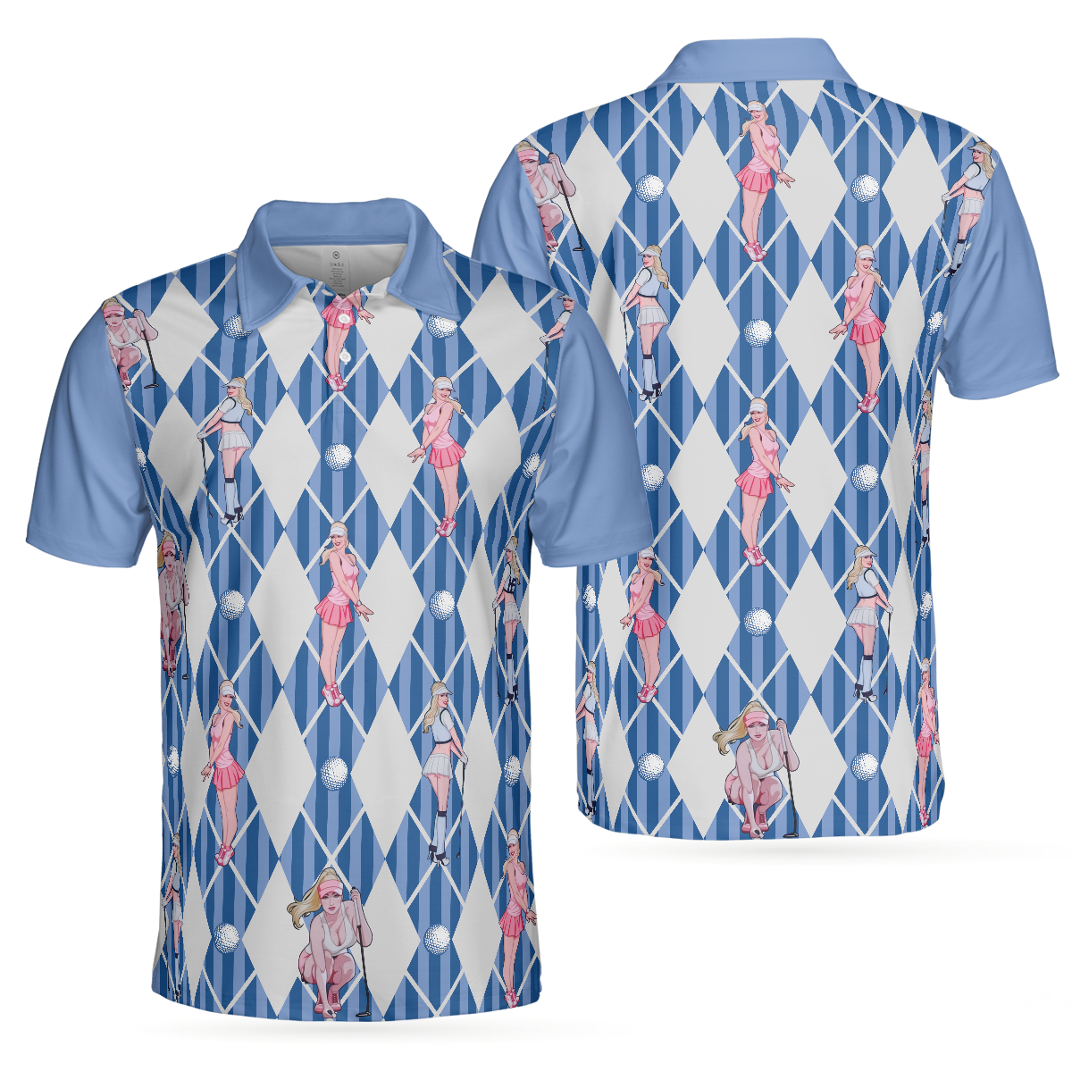 Men Polo Shirt - Blue Hot Golf Short Sleeve Polo Shirt, Argyle Pattern Fun Golf Shirt For Men