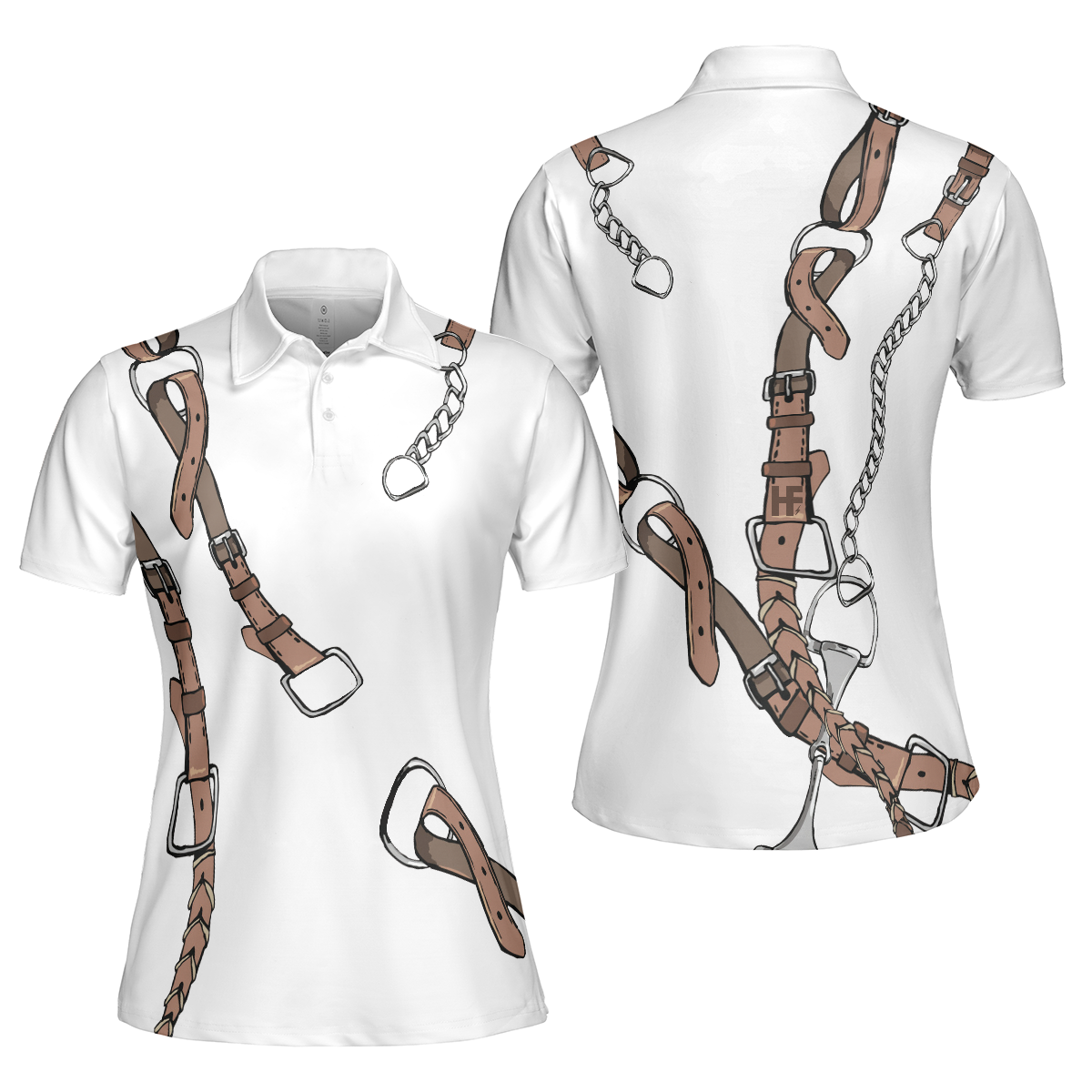 Bridle Print Polo Shirt In White Short Sleeve Women Polo Shirt, Golf Shirt For Ladies, Cool Female Golf Gift