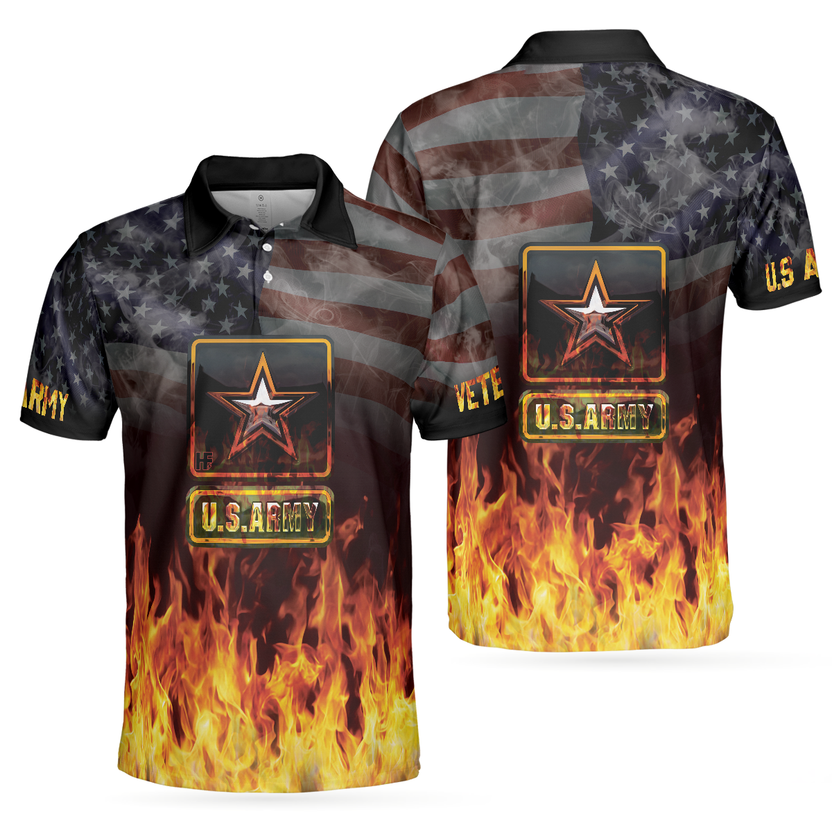 US Army Veteran And Flame Polo Shirt, American Flag Veteran Shirt For Retired Veterans, Flame Veteran Shirt - Perfect Gift For Men