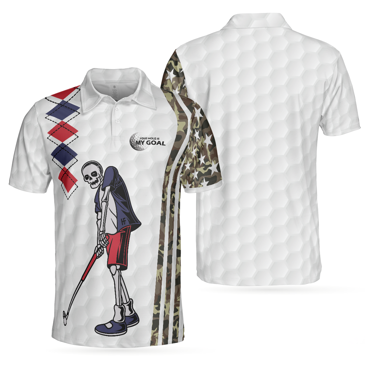 Be Skull And Goal Camouflage Men Polo Shirt, Your Hole Is My Goal Stripes Pattern Shirt, Camo Golf Shirt For Men