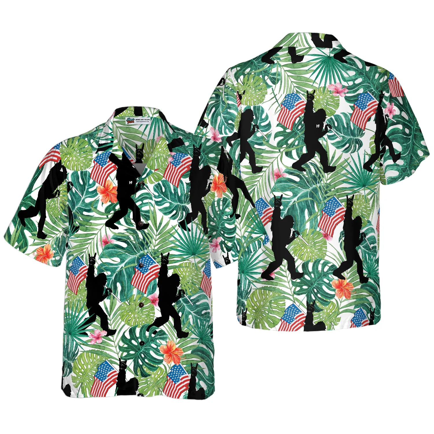 Bigfoot Tropical Hold USA Flag Bigfoot Hawaiian Shirt, Floral American Flag Bigfoot Shirt For Men, Aloha Bigfoot Tropical Shirt, Perfect Gift For Summer Lovers, Friends, Husband, Boyfriend, Family