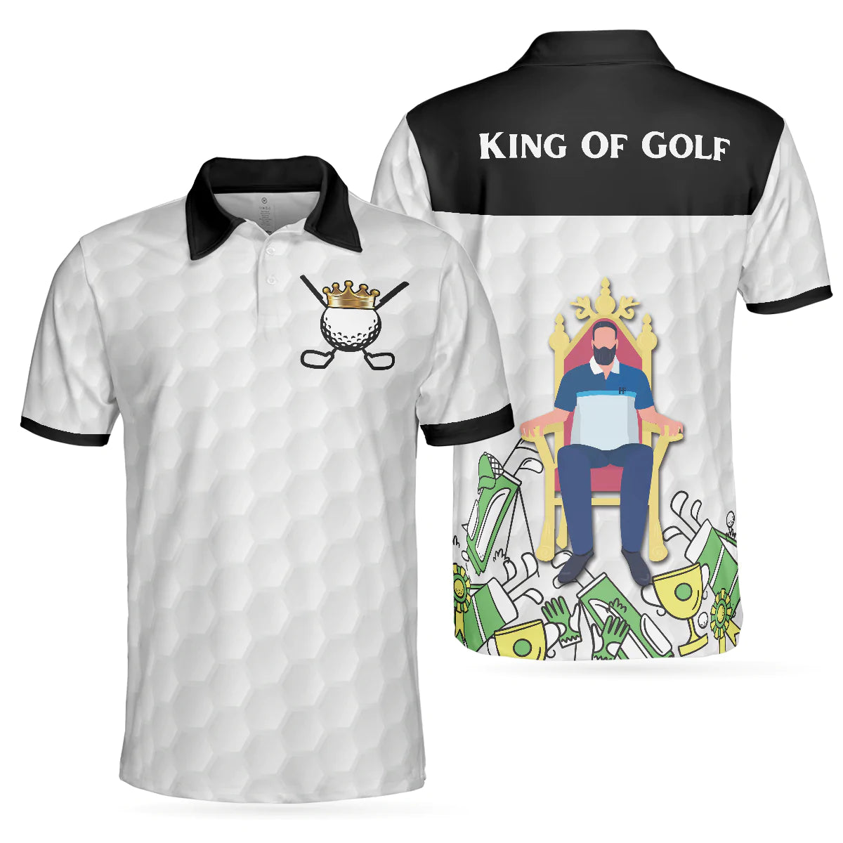 Golf Ball Texture Golfer On Throne Men Polo Shirt, King Of Golf Black And White Polo Shirt For Men, Gift For Male Golfers