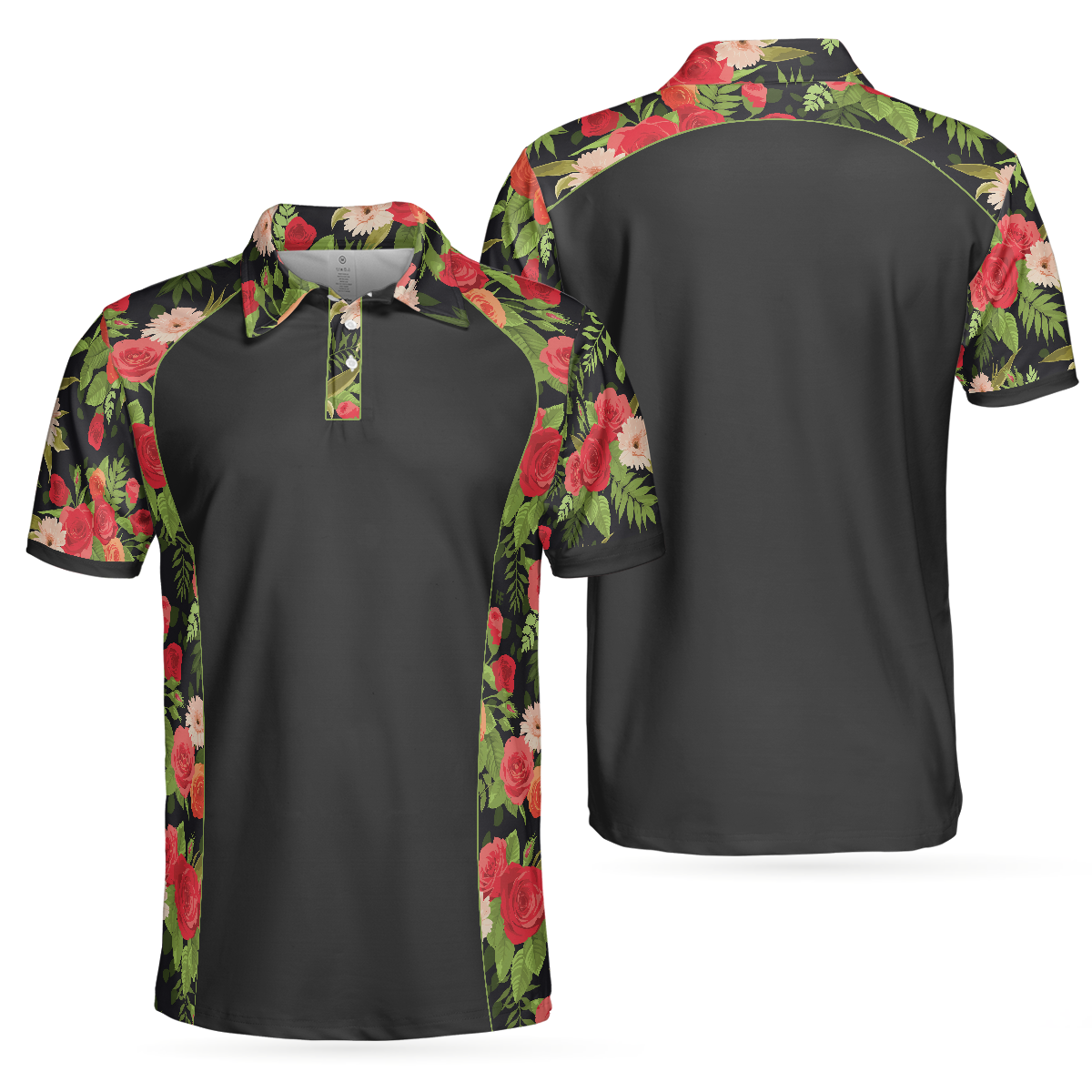 Tropical Roses Pattern Polo Shirt, Black Polo Shirt With Roses, Print Roses Pattern Shirt For Adults - Perfect Gift For Men