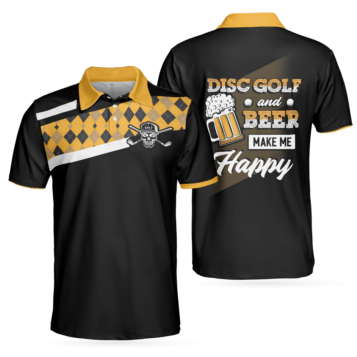 Disc Golf & Beer Make Me Happy Polo Shirt, Yellow Plaid Pattern Disc Golf Shirt, Funny Disc Golf Shirt With Sayings, Golf Gift For Men, Best Gift For Men Golfers