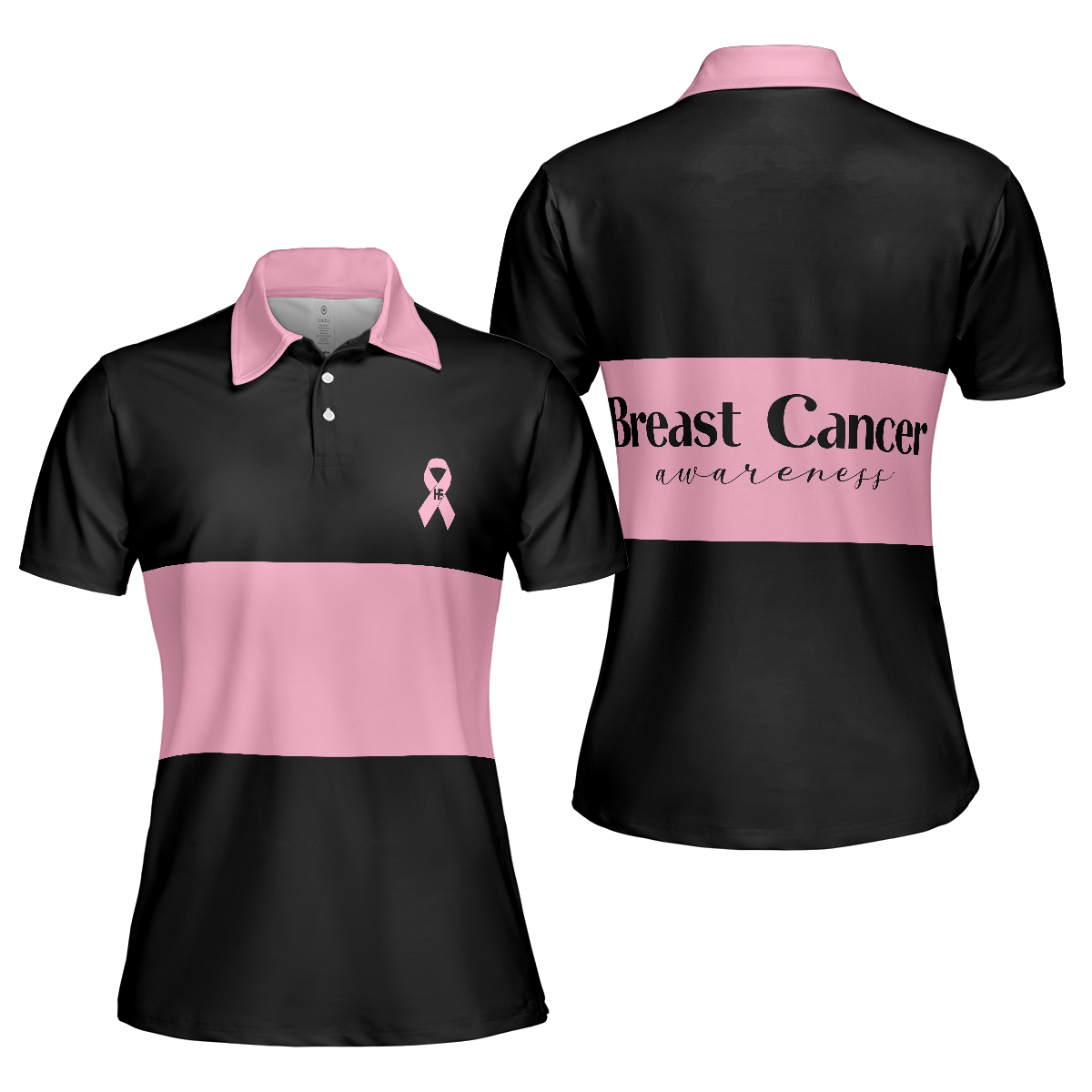 Breast Cancer Awareness Ribbon Short Sleeve Women Polo Shirt, Thoughtful Breast Cancer Survivor Shirt, Pink And Black Shirt For Ladies, Best Gift For Women