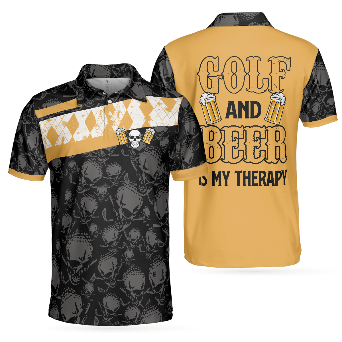 Skull Beer Drinking Golf Men Polo Shirt, Golf & Beer Is My Therapy Shirt Design, Best Golf Shirt For Male Golfers