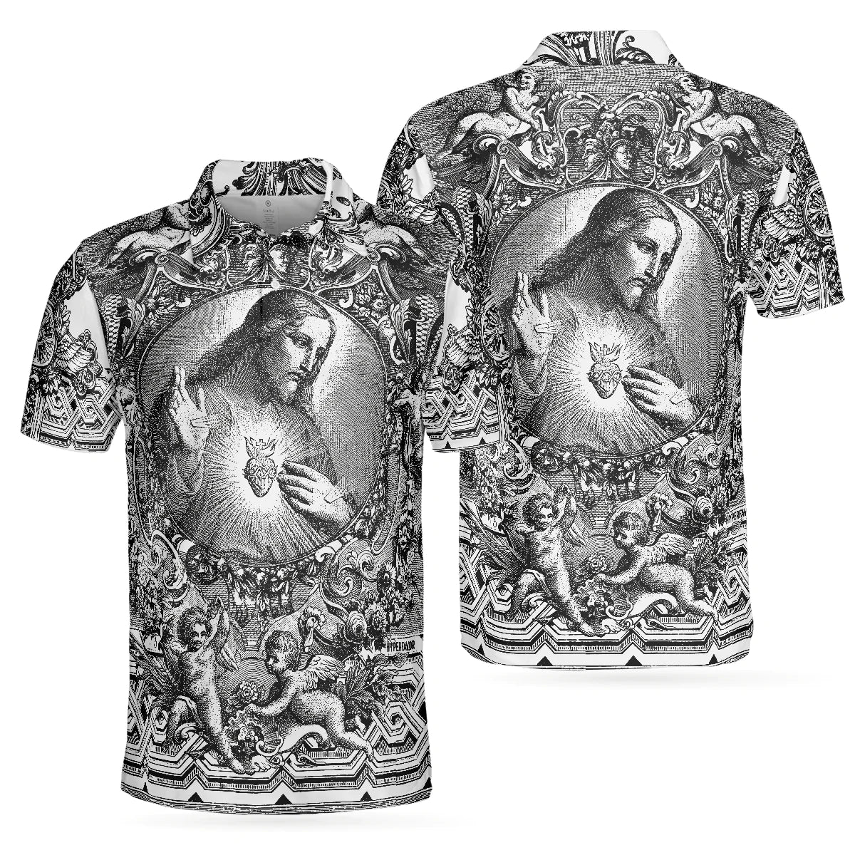 Jesus Christ Vintage Sketch Art Christian Men Polo Shirt, Black And White Christian Shirt For Men