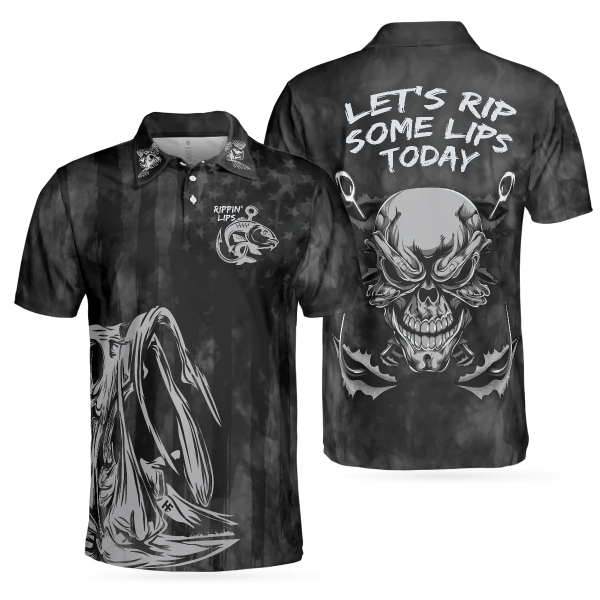 Black Fish Hook Men Polo Shirt, Rippin' Lips Skull Fish Skeleton Fishing Polo Shirt, Best Fishing Shirt For Male