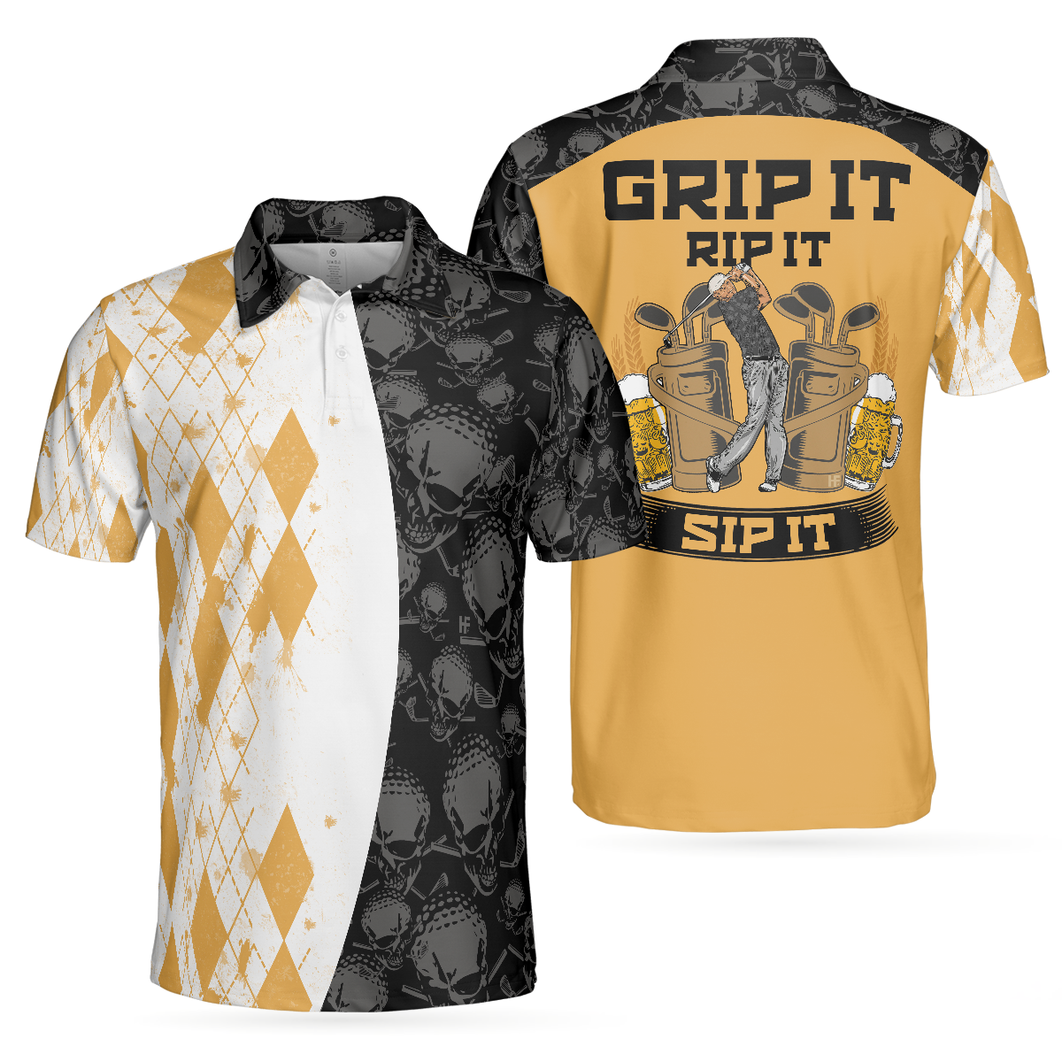 Skull And Yellow Argyle Pattern Golf Polo Shirt, Grip It Rip It Sip It Golf Polo Shirt, Skull Golf Shirt Design