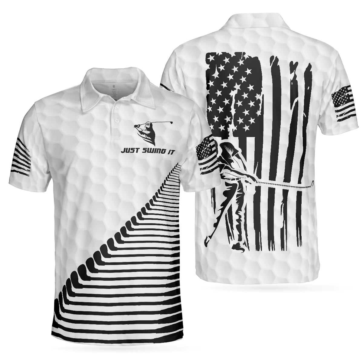 Black And White American Flag Golf Men Polo Shirt, Just Swing It American Golfer Shirt For Male