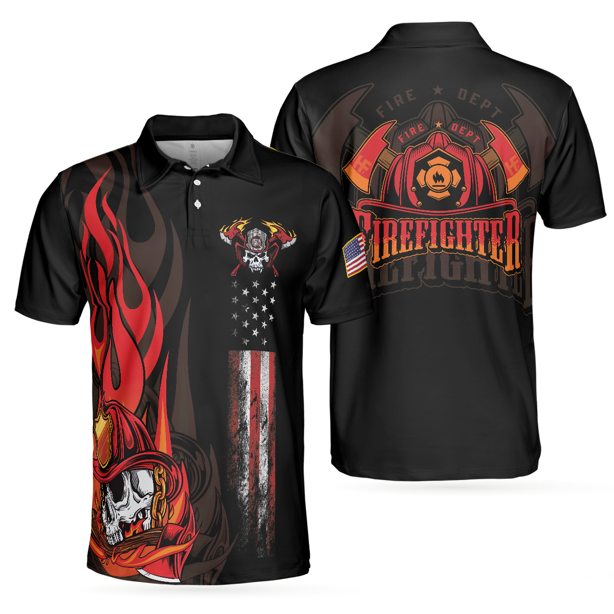 Firefighter Skull Flame Short Sleeve Men Polo Shirt, Black American Flag Firefighter Shirt For Men, Gift For Firefighter