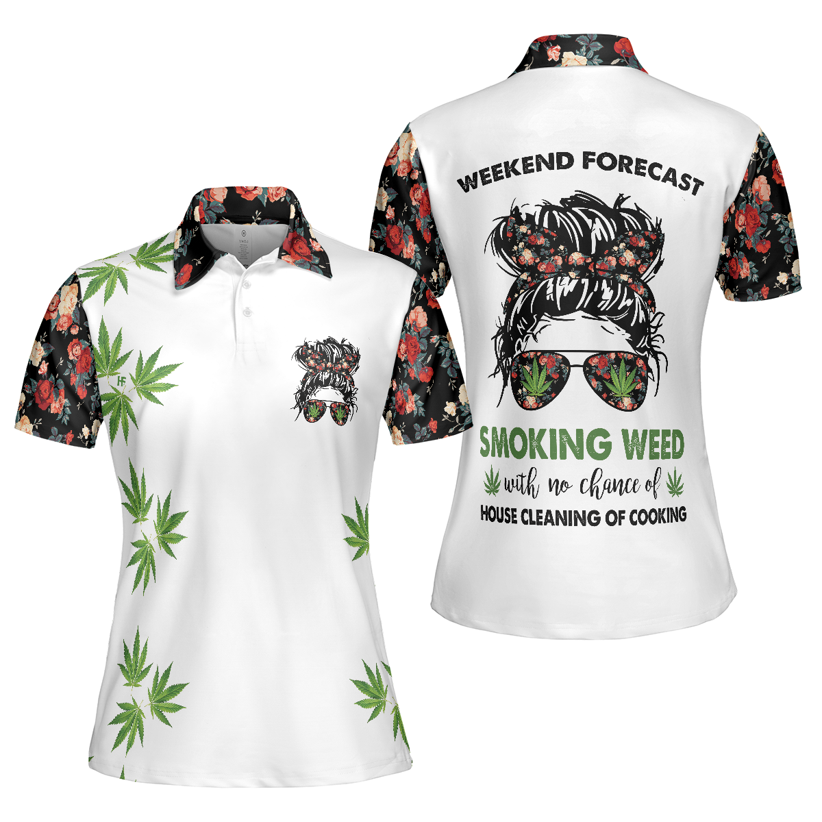 Weekend Forecast Smoking Weed Women Short Sleeve Polo Shirt, Floral And Weed Leaf Graphics Polo Shirt - Perfect Gift For Women, Ladies