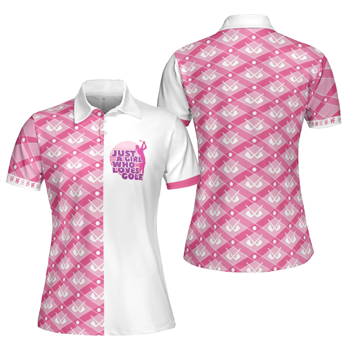 Pink Argyle Golf Clubs Pattern Women Polo Shirt, Just A Girl Who Loves Golf Short Sleeve Shirt, Gift For Female Golfers