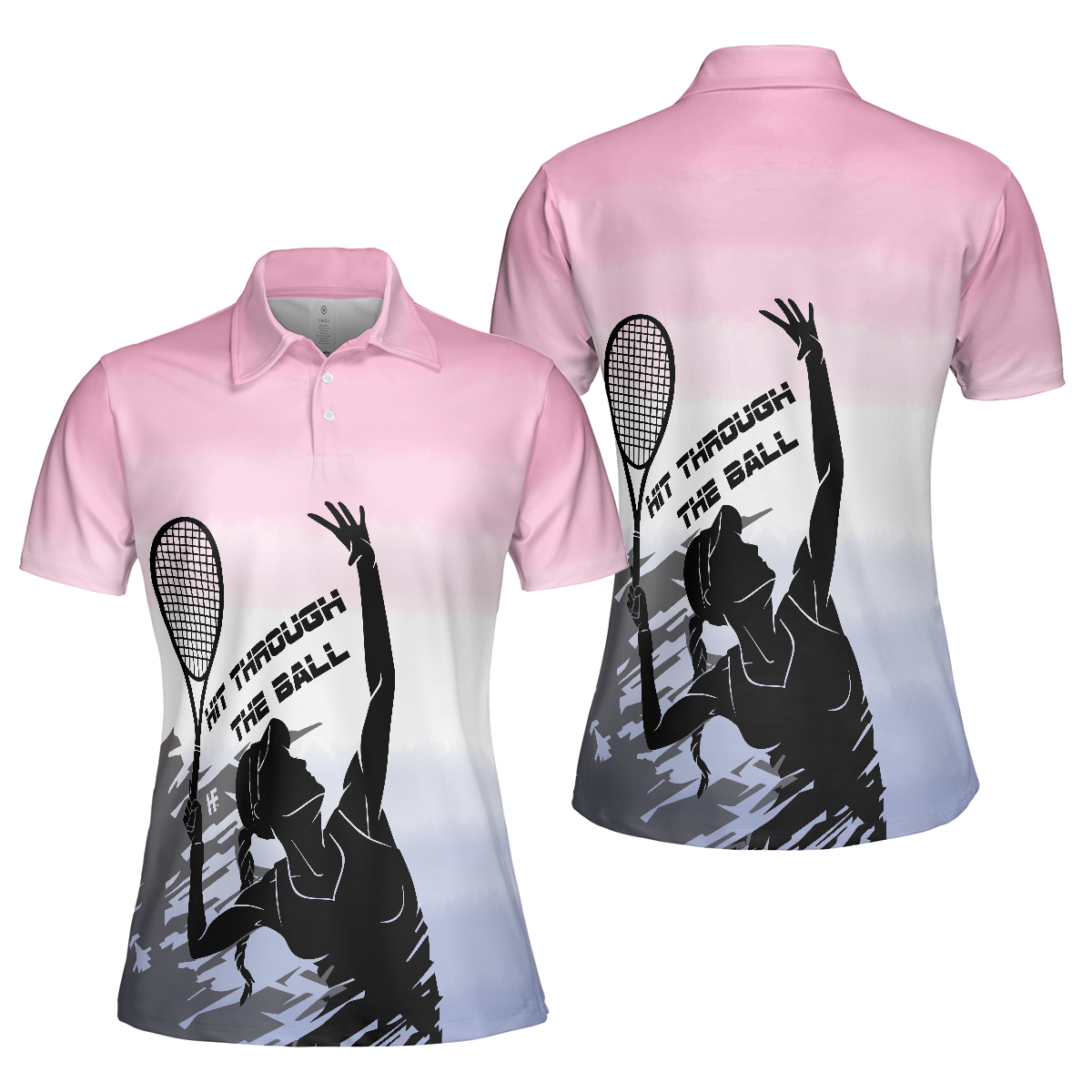 Hit Through The Tennis Ball Dip-dyed Pink Short Sleeve Women Polo Shirt, Black And White Girl Plays Tennis Polo Shirts For Ladies, Cool Tennis Gift