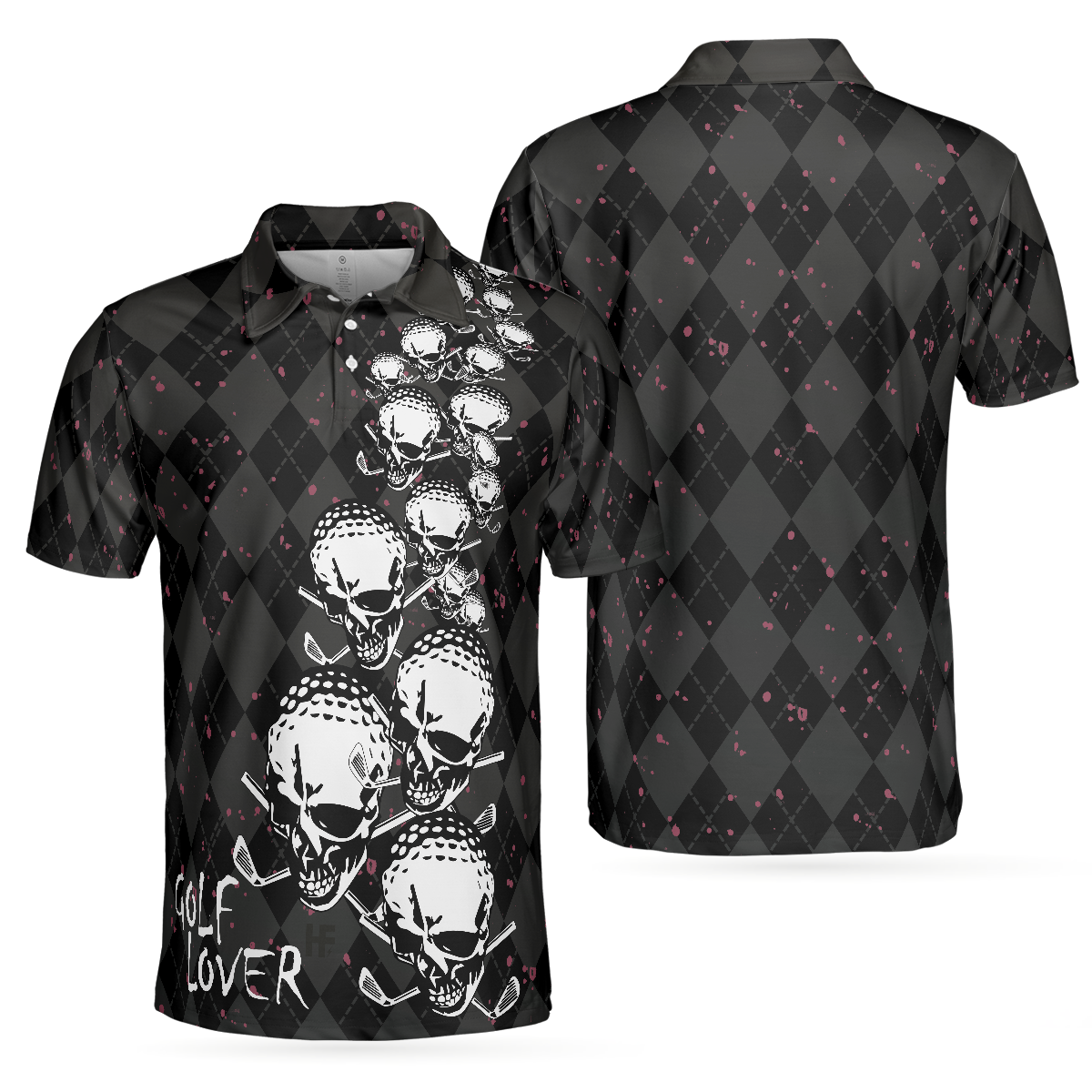 Elegant Argyle Pattern And Skull Golf Lover Polo Shirt, Black Skull Golf Shirt For Men, Best Gift For Men