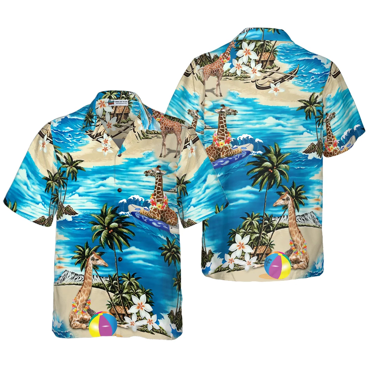 Beach Hawaii Giraffe Hawaiian Shirt, Giraffe Traveling On Blue Beach, Tropical Flowers, Palm Tree Aloha Shirt For Men- Perfect Gift For Summer Lovers, Friends, Husband, Boyfriend, Family